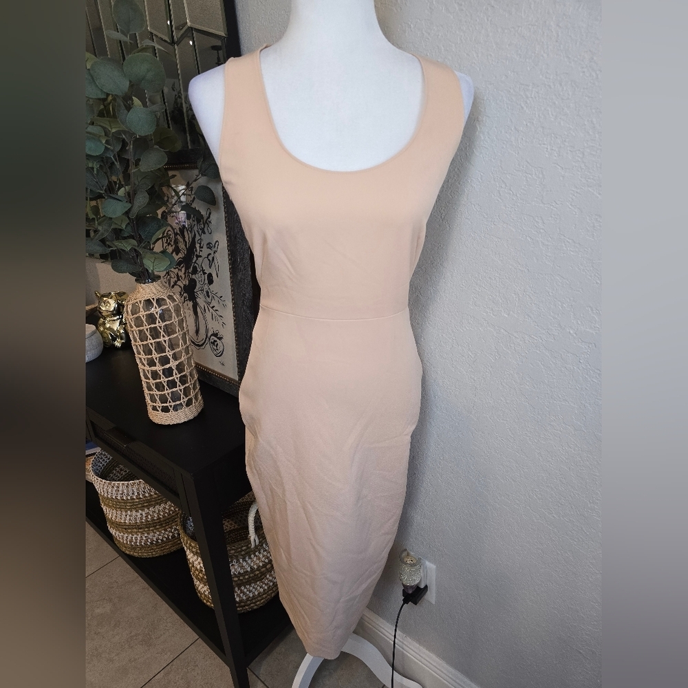 Zara Women’s Pencil Stretch Bodycon Fitted Midi Dress Nude  Size S